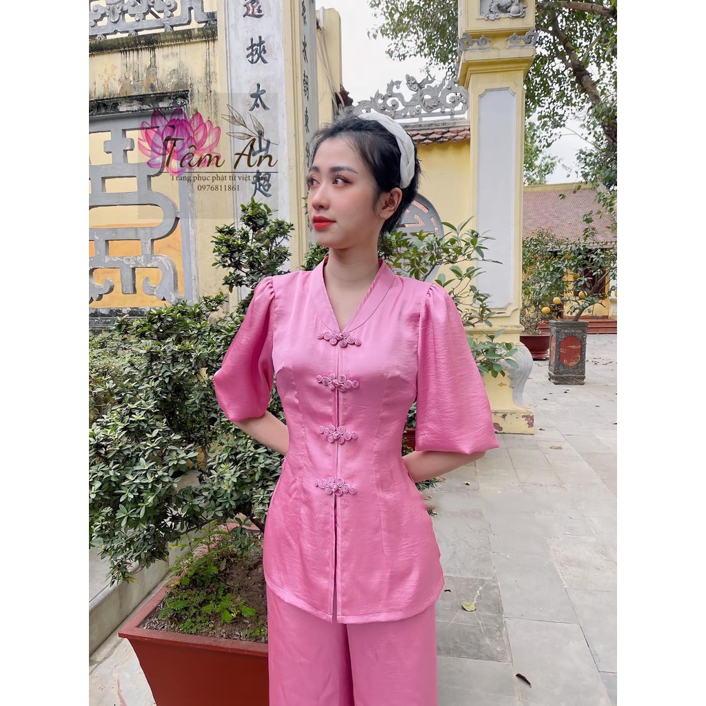 Đồ Lam Đi Chùa - Cổ Tim Phối Nút Tàu Xinh Xắn Làm Thủ Công Vải Lụa Tay Phồng Bộ Đi Lễ Chùa Nữ AL037+