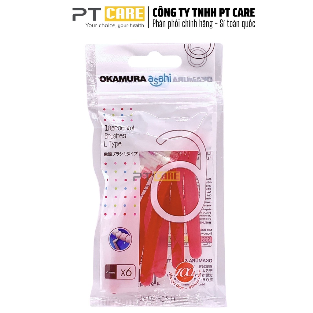 PT CARE | 1 Gói Bàn Chải Kẽ Răng Dạng L Nhiều Size Okamura Asahi Cho Người Niềng Răng Chỉnh Nha 6 Cây