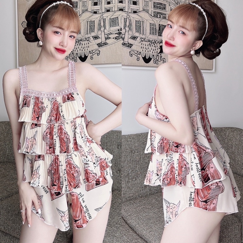 (Dưới 65kg) Đồ bộ mặc nhà 2 dây áo dập ly 3 tầng phối quần đùi ngắn cực sexy và mát cho bạn nữ