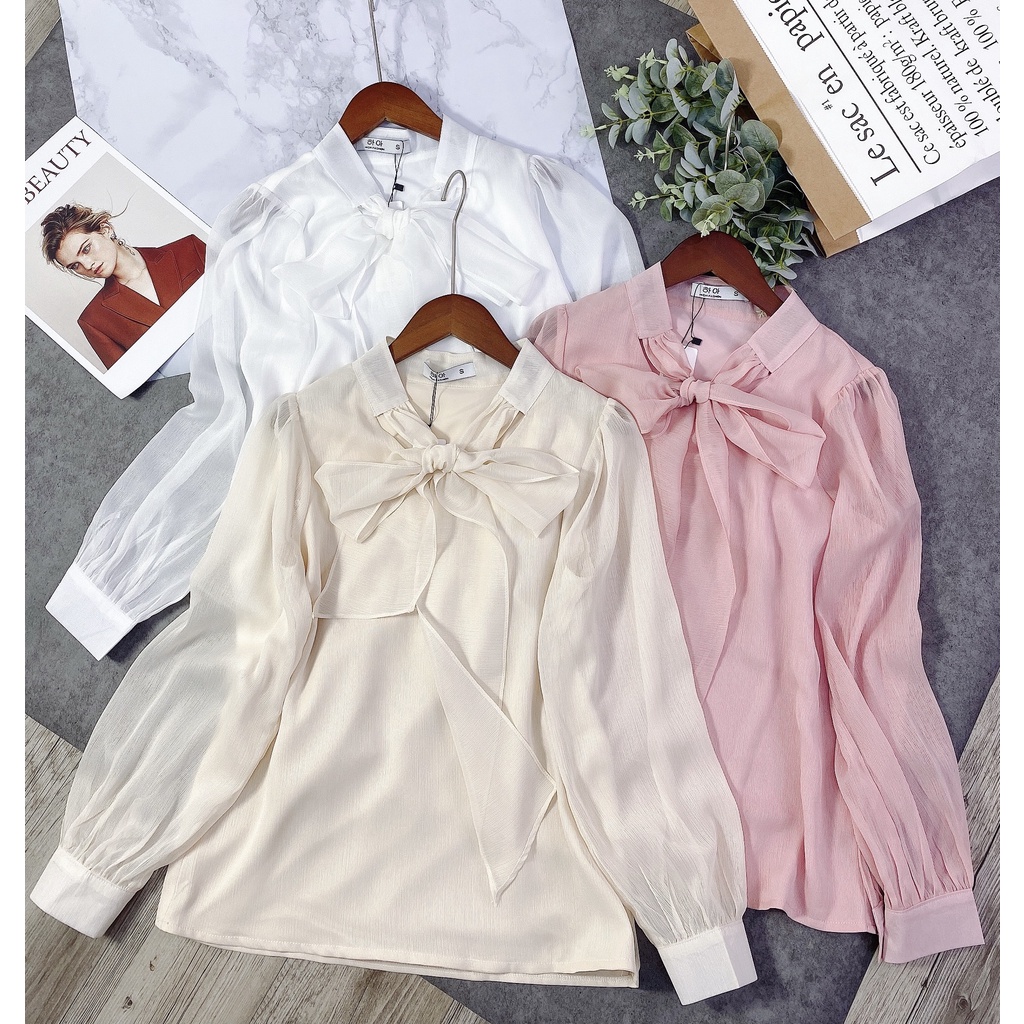 Sơ mi tơ lụa tay bồng buộc nơ cổ mã SM2480 - thời trang công sở Lamie Fashion
