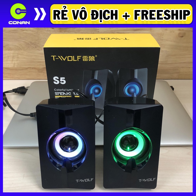 Loa vi tính T WOLF S5 Led 7 màu cho laptop máy tính Speaker PC 2.0 T-Wolf Loa Nghe Nhạc Hay Bass Đèn Led Đổi Màu