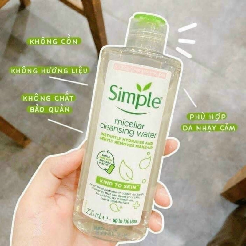 Nước tẩy trang Simple Micellar làm sạch trang điểm vượt trội - không chứa cồn gây khô rát 200ml