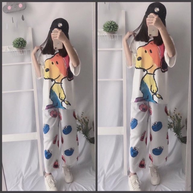Set Cartoon Pants Phối Overtee 3D Ảnh Thật