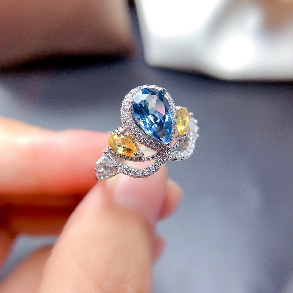 Nhẫn Hở Hai Màu Hình Vương Miện Đính Đá Topaz Xanh Thời Trang Cho Nữ