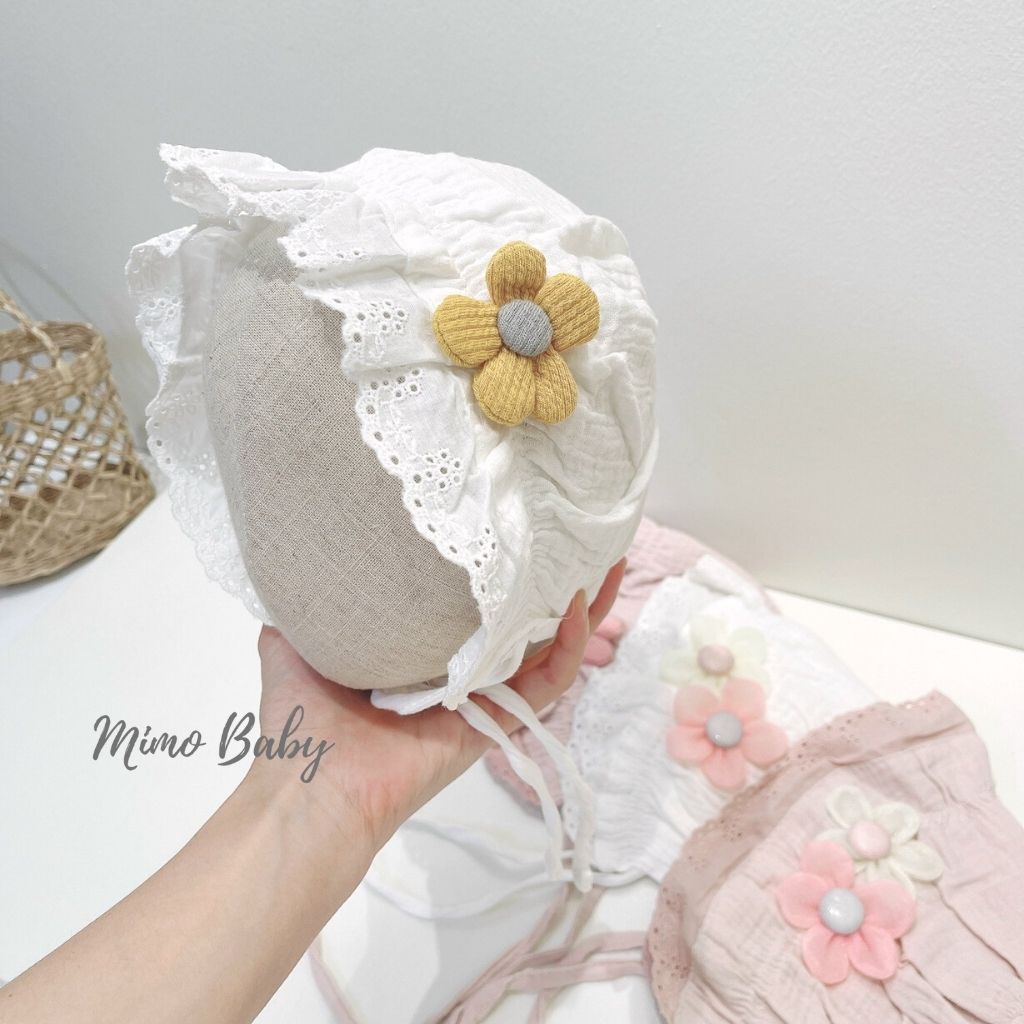 Mũ nón tiểu thư vải đũi đính bông hoa dễ thương cho bé gái MTT159 Mimo Baby