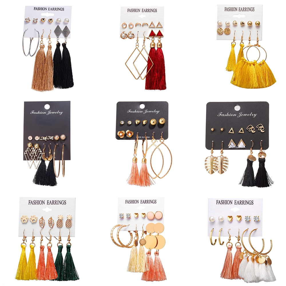 Bộ khuyên tai SMILEDAY hợp kim dáng dài phối tua rua phong cách Hàn Quốc cá tính thời trang