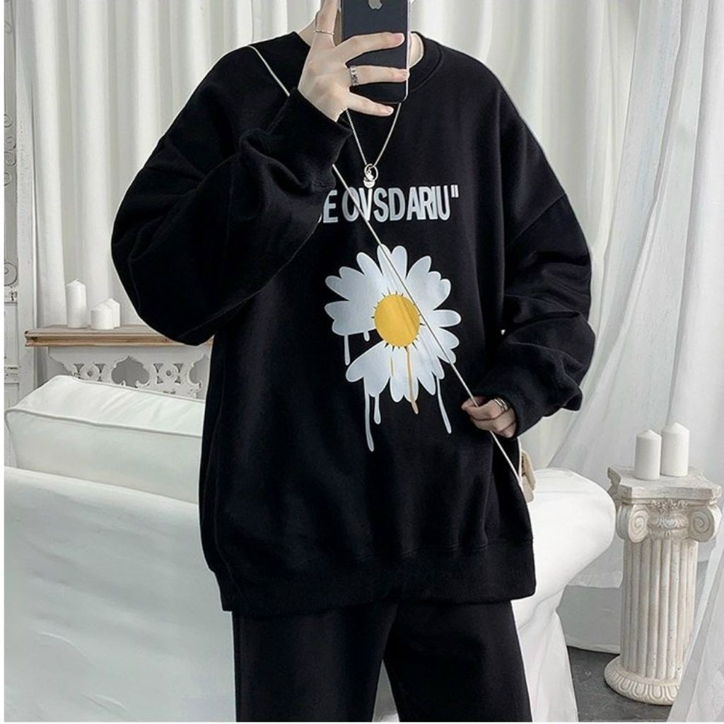 ÁO SWEATER NỈ UNISEX KHÔNG NÓN IN HOA CÚC TRẮNG STYLE HÀN CỰC ĐẸP