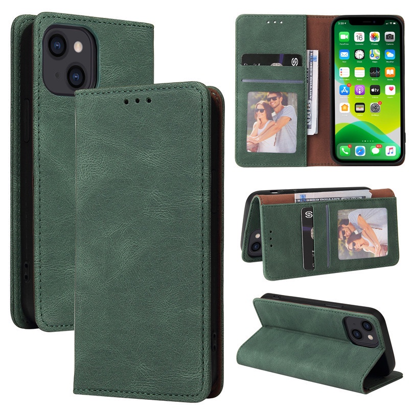 Bao da điện thoại nắp lật có ngăn đựng thẻ màu xanh dương cho iPhone 13 Mini 12 11 Pro Max X Xr Xs Max