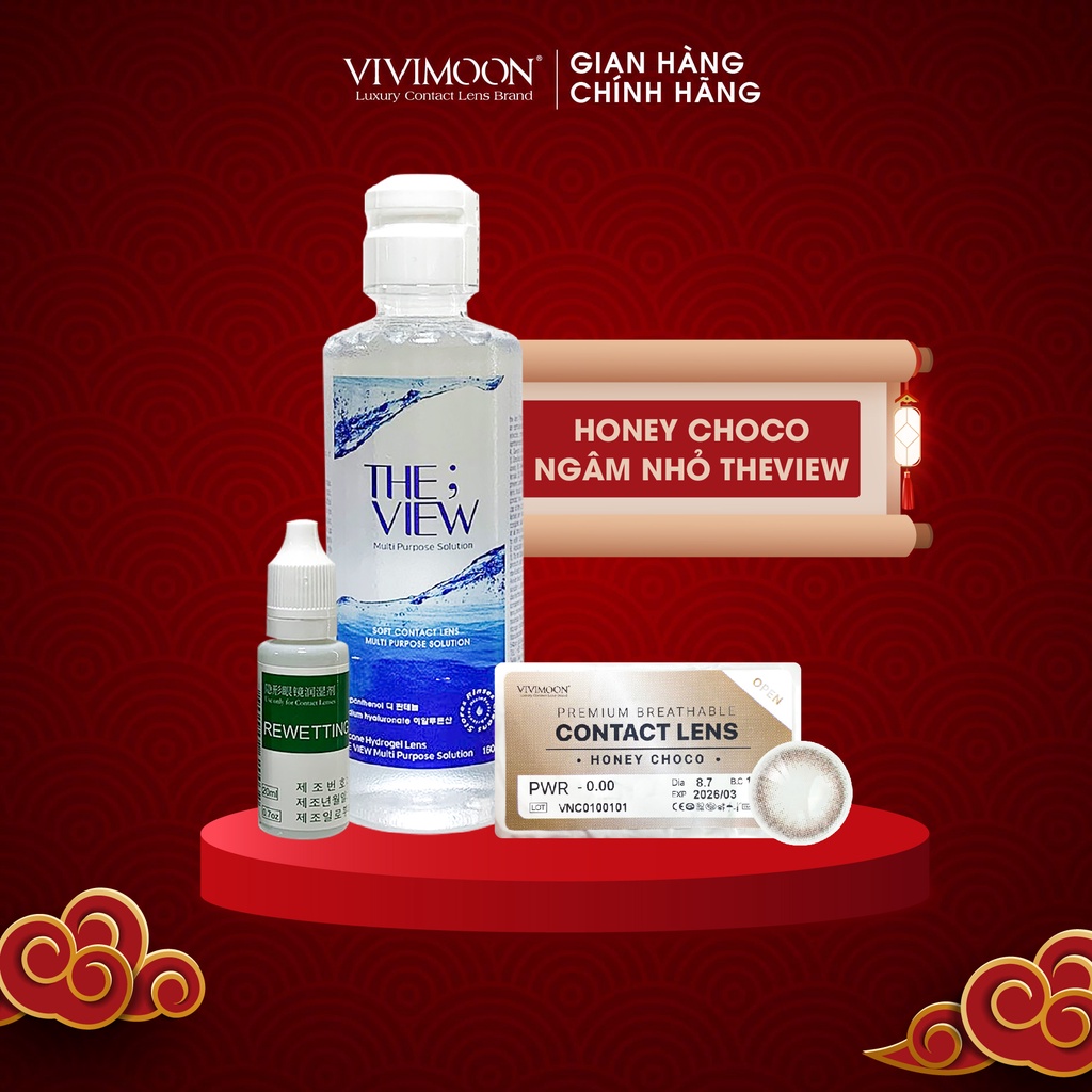 Combo Kính Áp Tròng Cận Không Giãn Màu Nâu Tự Nhiên Cho Mắt Thở Honey Choco Và Nước Ngâm Lens, Nhỏ Mắt The View