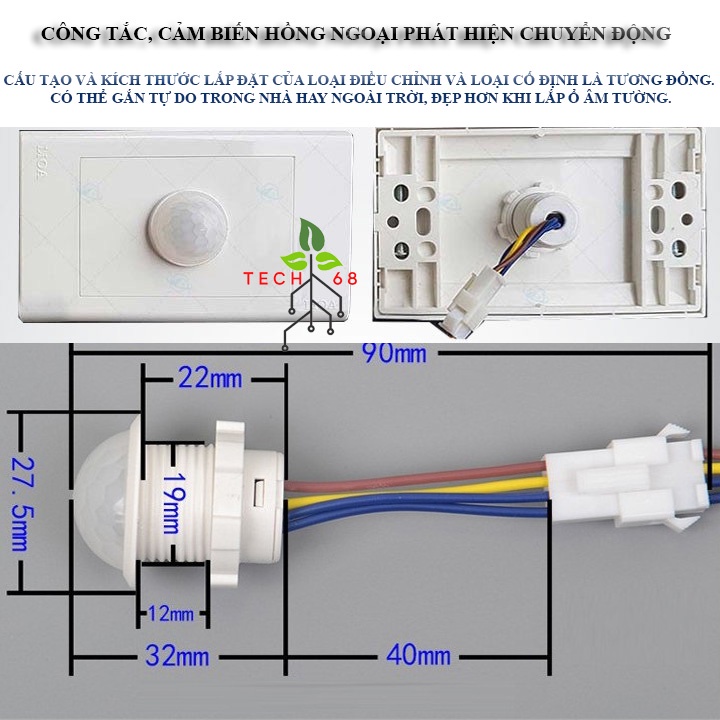 Công tắc cảm biến chuyển động hồng ngoại thông minh tự động bật tắt đèn khi có người, Cảm biến chống trộm, Sensor PIR