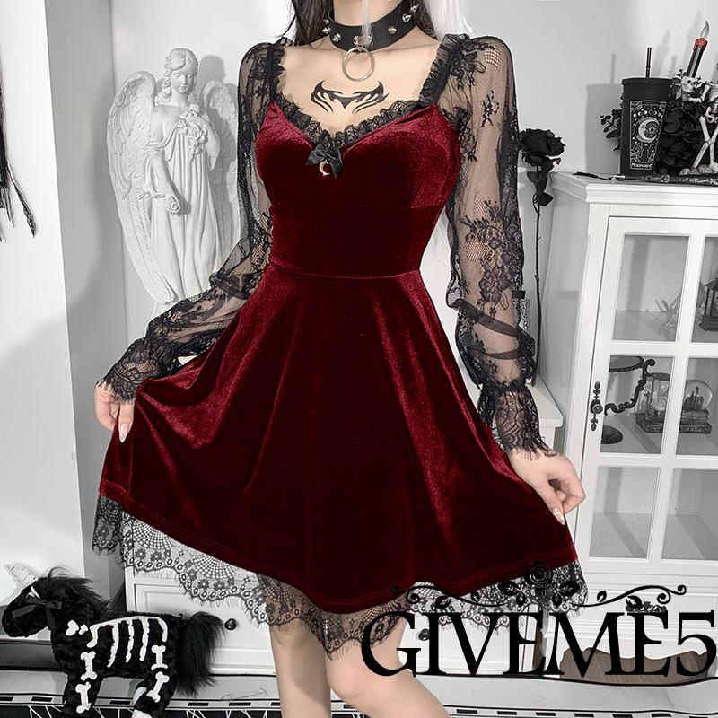 Đầm chữ A tay dài phối ren màu đen phong cách Gothic cổ điển thời trang mùa thu cho nữ