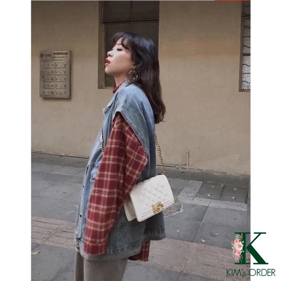 Áo khoác jean nữ màu xanh sát nách phom rộng phong cách retro sành điệu cá tính năng động Ulzzang Hàn Quốc chất đẹp