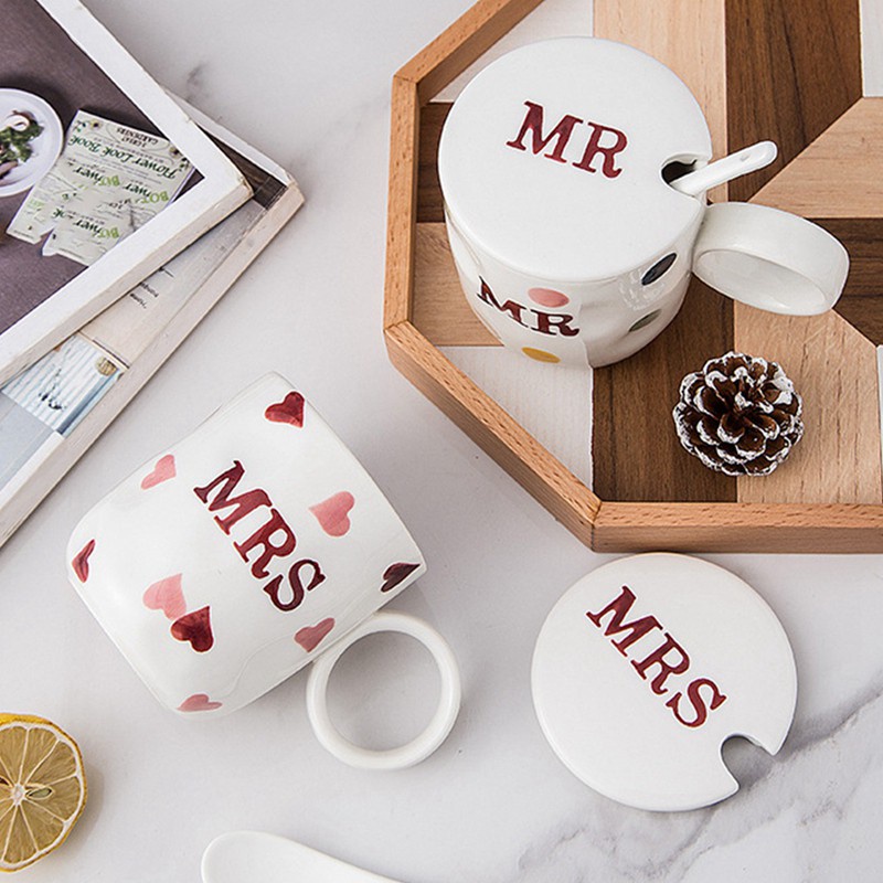 Simple Family Mugs Small Fresh with Spoons &Lids Mr and Mrs Mugs, Mrs