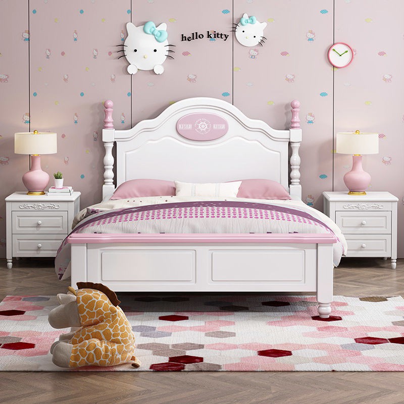 Giường trẻ em bằng gỗ nguyên khối đơn 1,35m giản hiện đại công chúa màu hồng 1,2m phong cách Châu Âu đôi 1,5m <