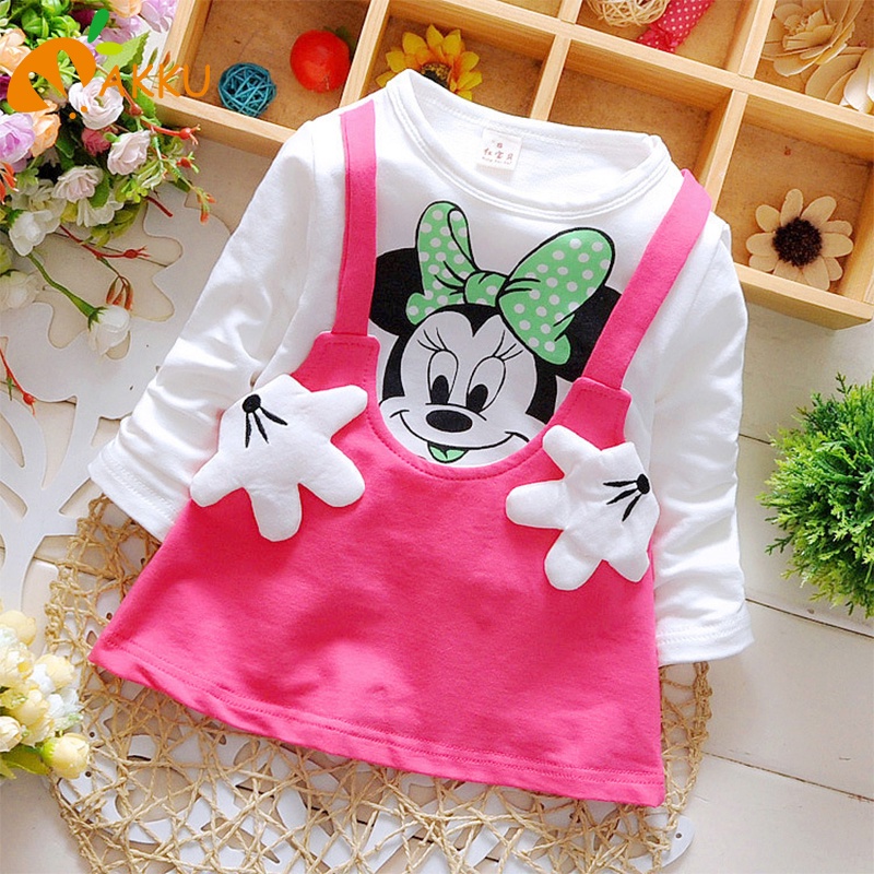 Set Áo Thun Tay Ngắn In Hình Chuột mickey + Chân Váy Xòe Cho Bé Gái akku