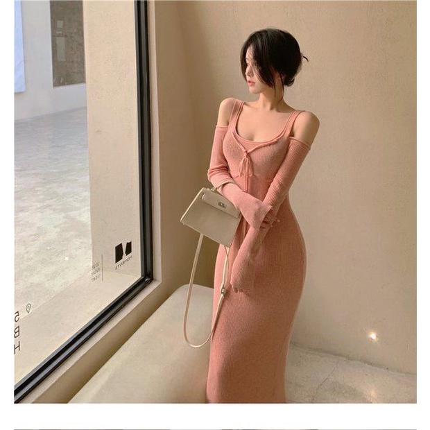 Sexy open shoulder Pink Knit bottomed dress 2022 autumn women's French Vintage Hepburn dress