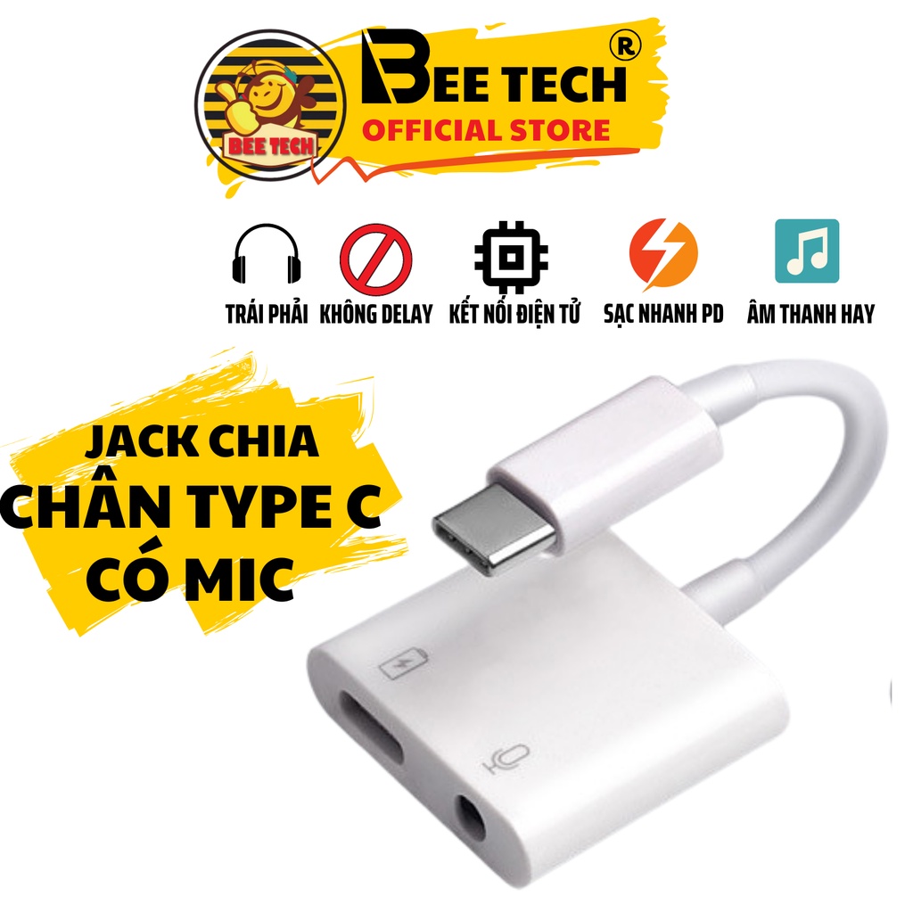 Jack Chia Cổng BEETECH BTJ09 Chân TypeC, Có Mic, Chia Thành Cổng Sạc + Cổng 3.5mm