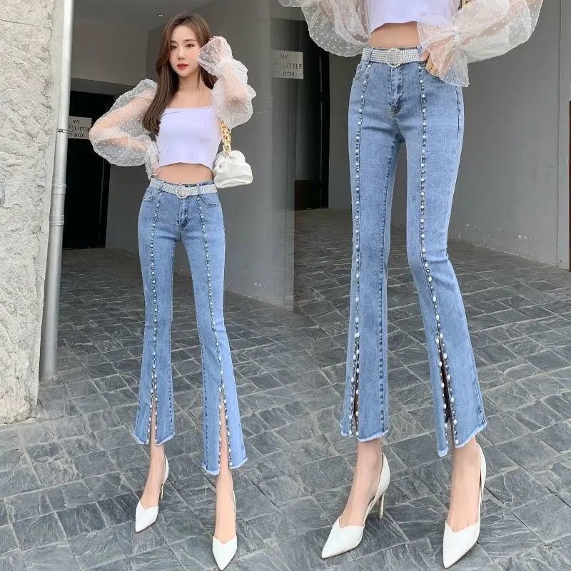 Quần Jean Ống Loe Xẻ Tà Lưng Cao Đính Hạt Phong Cách Mới Mùa Hè Cho Nữ