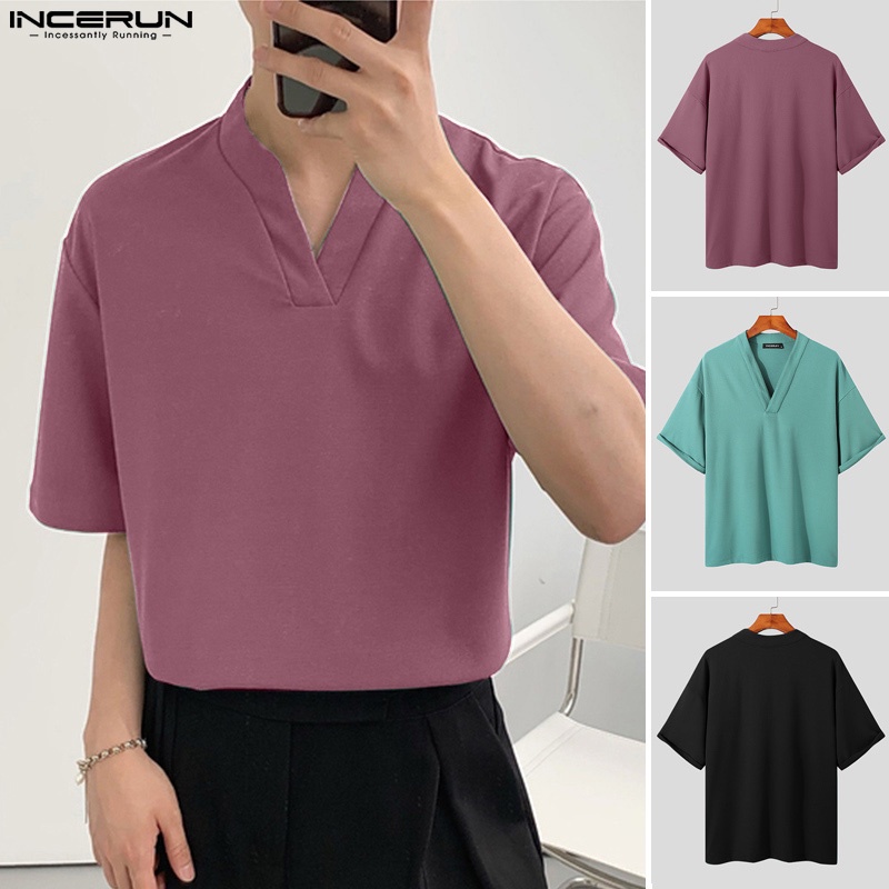 INCERUN Áo Thun Tay Ngắn Cổ Chữ V Màu Sắc Đơn Giản Cho Nam