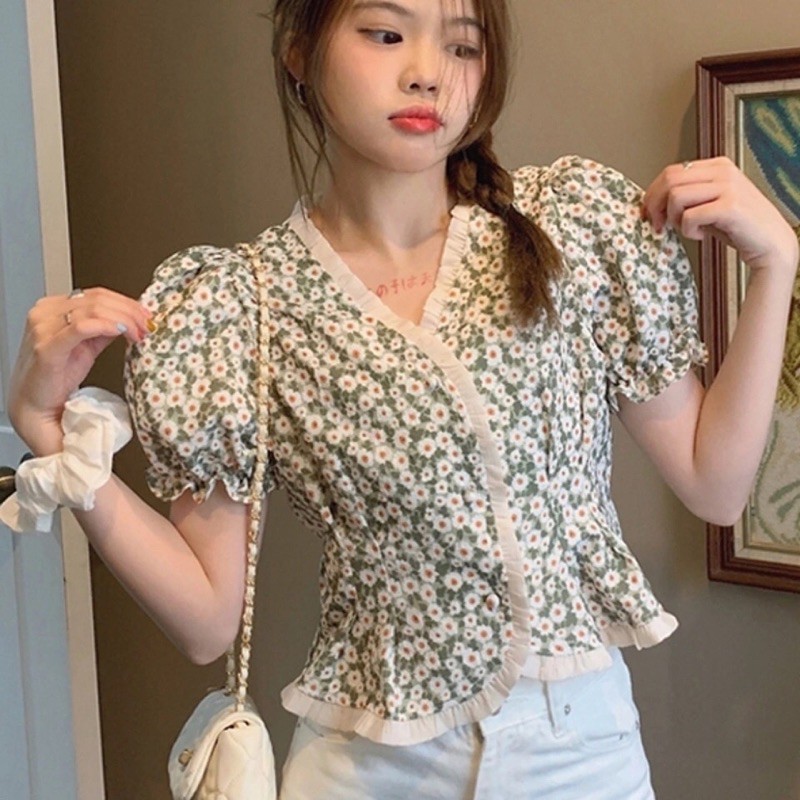 Áo sơ mi kiểu nữ ngắn tay dáng ngắn phong cách tiểu thư, điệu đà