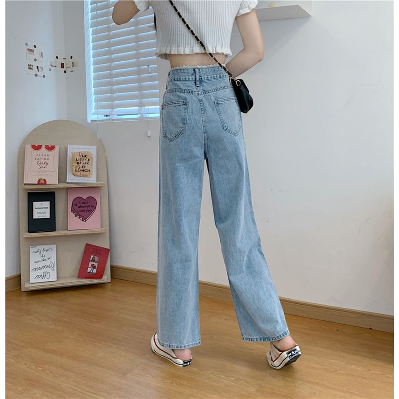 NRVP Quần jean dài ống rộng lưng phối ren thời trang Hàn Quốc cá tính cho nữ