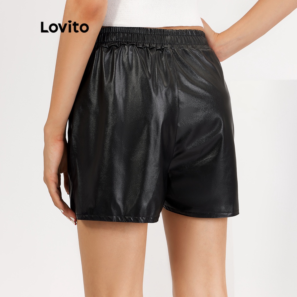 Quần short Lovito bằng da PU có túi màu trơn may nhún thun phong cách thường ngày L18X262 (màu đen)