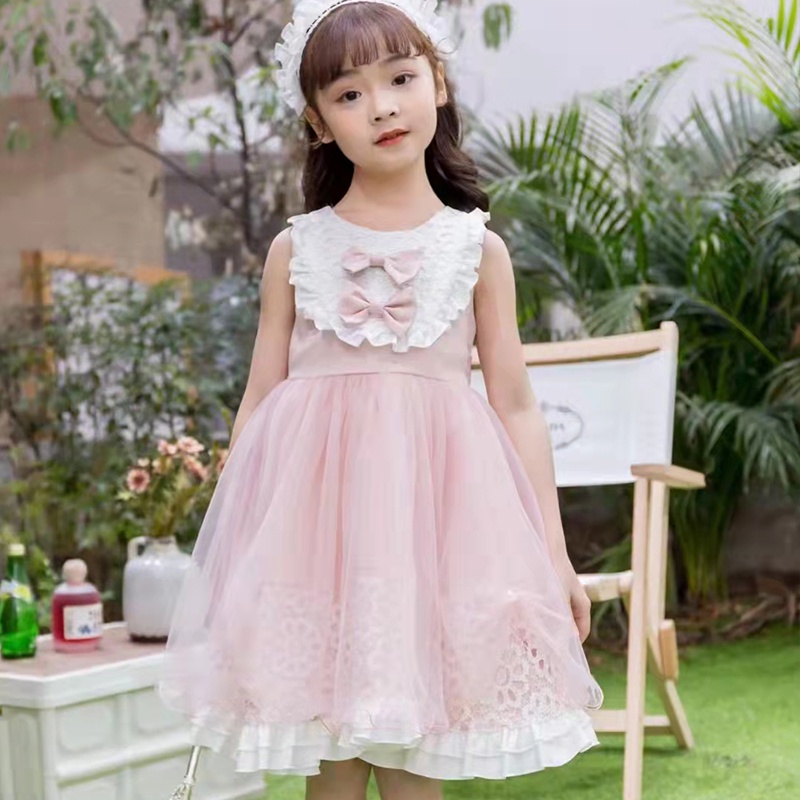 Đầm Công Chúa Phối Ren Lưới Đính Nơ Cho Bé Từ 4-8 Tuổi