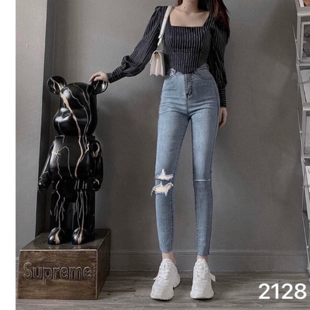 Bigsize(31-35)🚛FREESHIP Quần Bò Jeans Nữ Ôm Lưng Cao Rách Gối VNXk Ms 2128 TC Shop Jeans