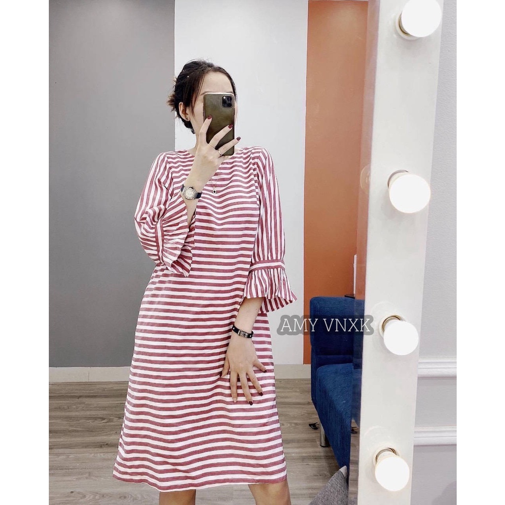 Váy đầm kẻ sọc dáng suông tay lỡ bèo Vnxk