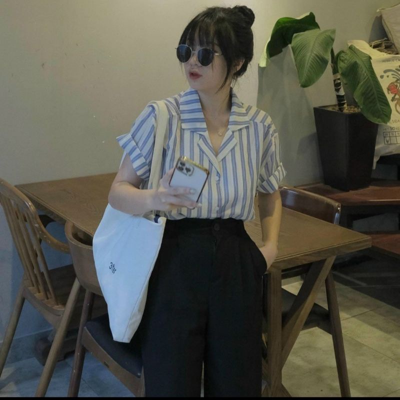 Áo sơ mi cổ vest kẻ sọc phong cách hàn quốc