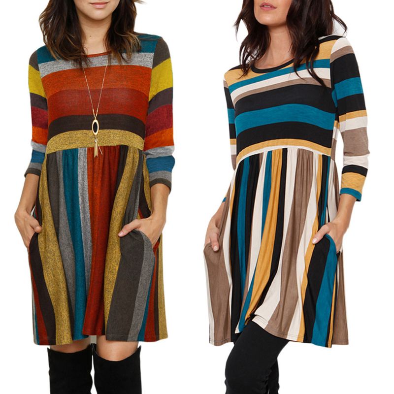 Đầm Xòe Cổ Tròn Tay 3 / 4 Màu Sắc Thời Trang Mùa Thu Cho Nữ