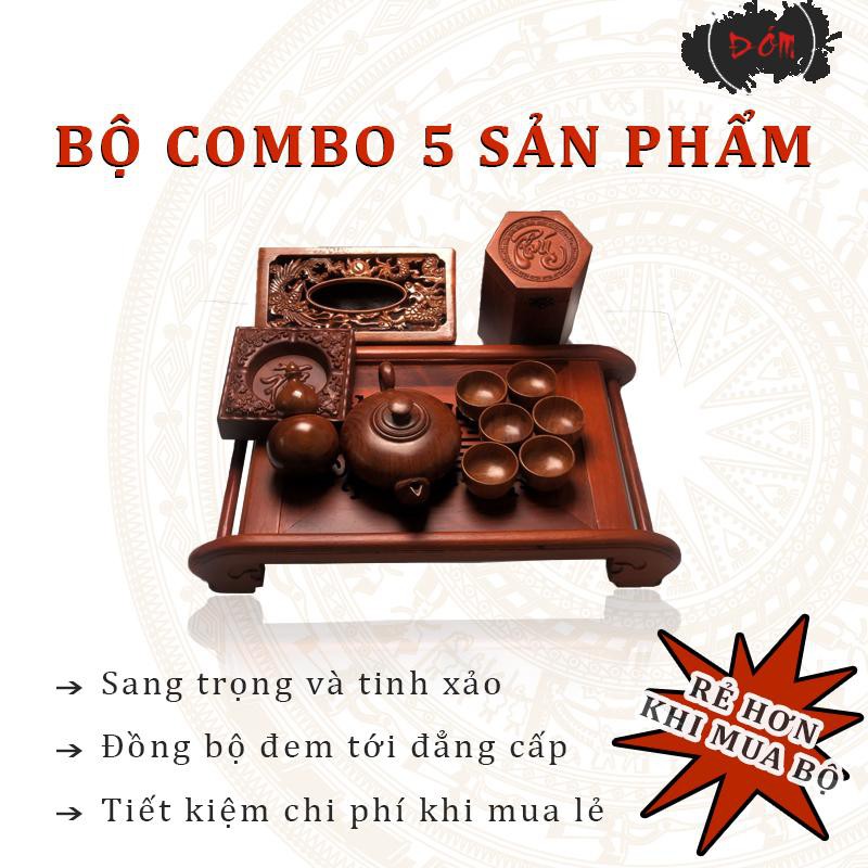 Combo 5 sản phẩm khay trà gỗ hương mỹ nghệ cao cập kèm hộp trà, hộp giấy, ấm trà, gạt tàn gỗ làng nghề Đồng Kỵ