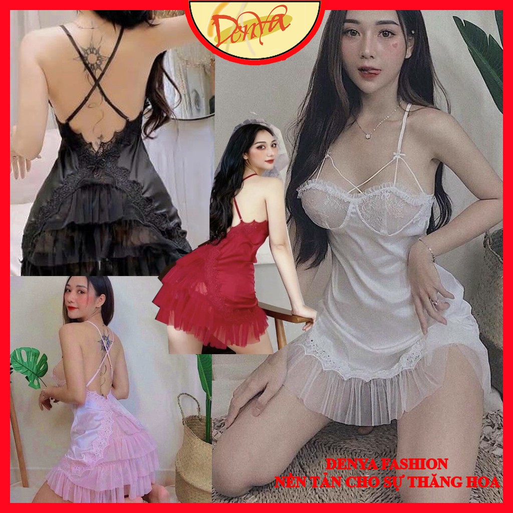 Váy ngủ dễ thương💫 FREE SHIP 💫Đầm ngủ 2 dây lụa satin, tà xếp ly nhiều tầng quyến rủ D13