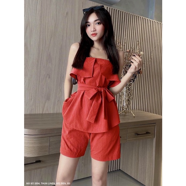 (Có size lớn) Set bộ 2 dây kiểu dáng peplum thắt nơ eo phối quần short ngắn LỤA LINEN cho bạn nữ dạo phố