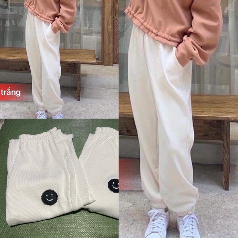 Quần jogger tăm logo mặt cười bo gấu nữ - Nỉ ống boom cạp chun dáng dài phong cách đường phố vintage ulzzang | BigBuy360 - bigbuy360.vn
