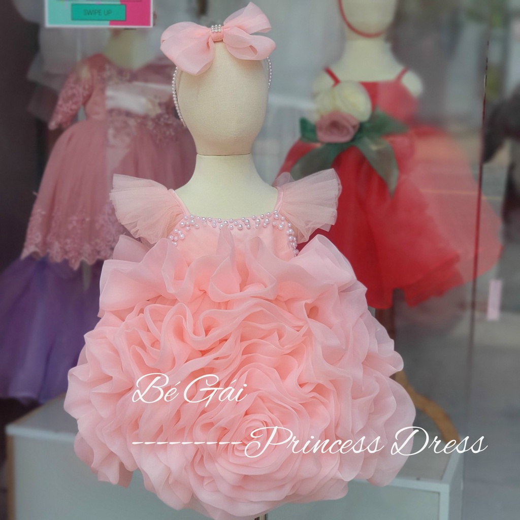 Đầm công chúa cao cấp hoa hồng 3D màu hồng ruốc / hồng cam cho bé gái 1-6 tuổi