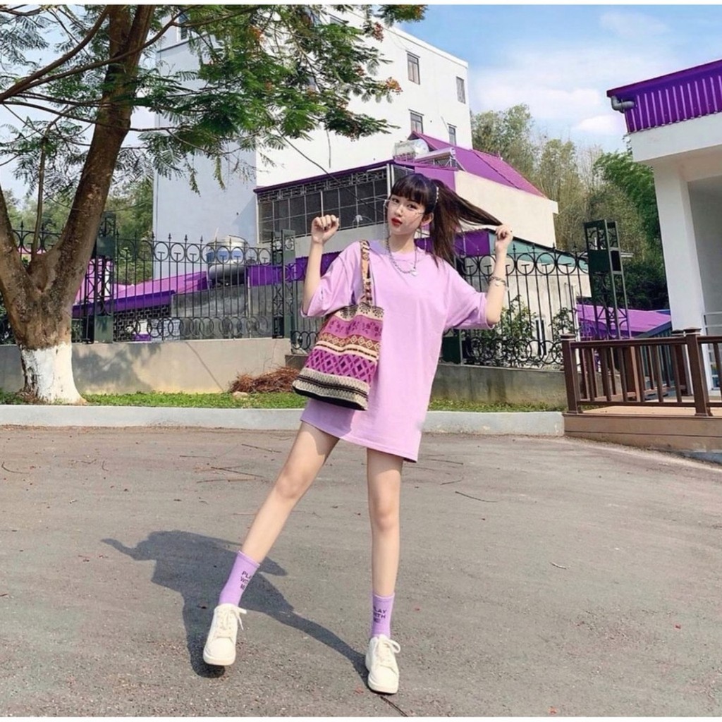 áo thun tay lỡ màu tím môn nam &amp; nữ FOME RỘNG có chọn size, chất thun xịn 1-tm5