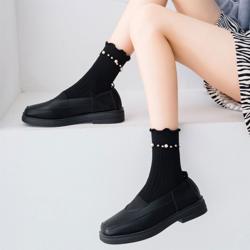 Xiangbao Vớ Cotton Cổ Thuyền Có Gân Đính Ngọc Trai Giả Ngọt Ngào Phong Cách Nhật Bản Cho Nữ