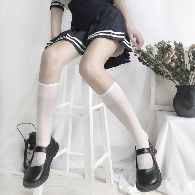 Vớ cổ cao tới giữa bắp chân vải lụa mỏng màu trơn phong cách Nhật Bản xinh xắn