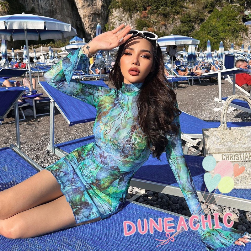 DUNEA Đầm dài tay cổ cao xẻ tà xinh xắn thời trang dành cho nữ