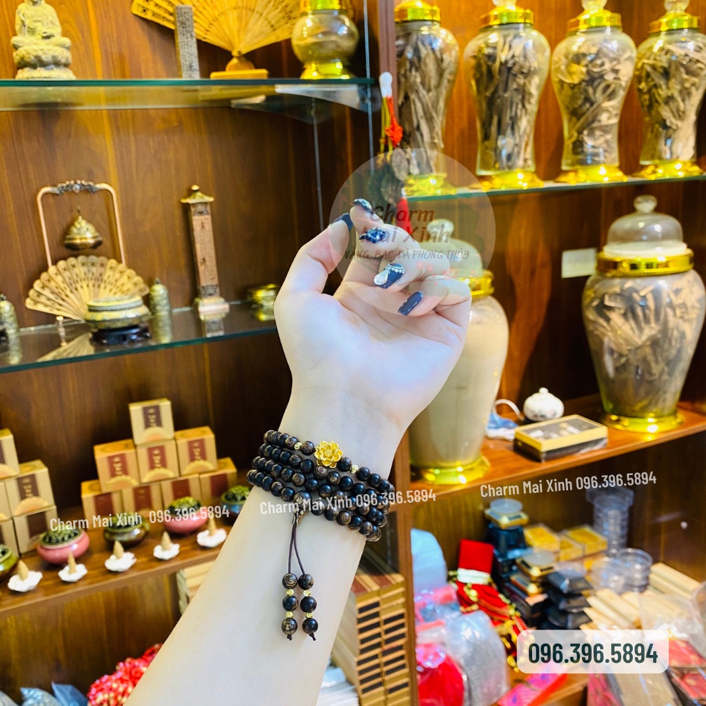 Chuỗi Trầm Hương Sánh chìm 108 hạt phối Hoa Sen Si Bạc, Bạc Phủ Vàng 925 - Vòng Tay Gỗ tự nhiên Nữ phong thuỷ