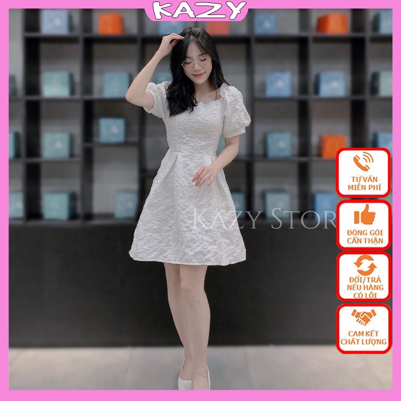 Váy trắng tiểu thư dự tiệc xốp hoa QC, Váy đi biển sang chảnh KAZY STORE V18