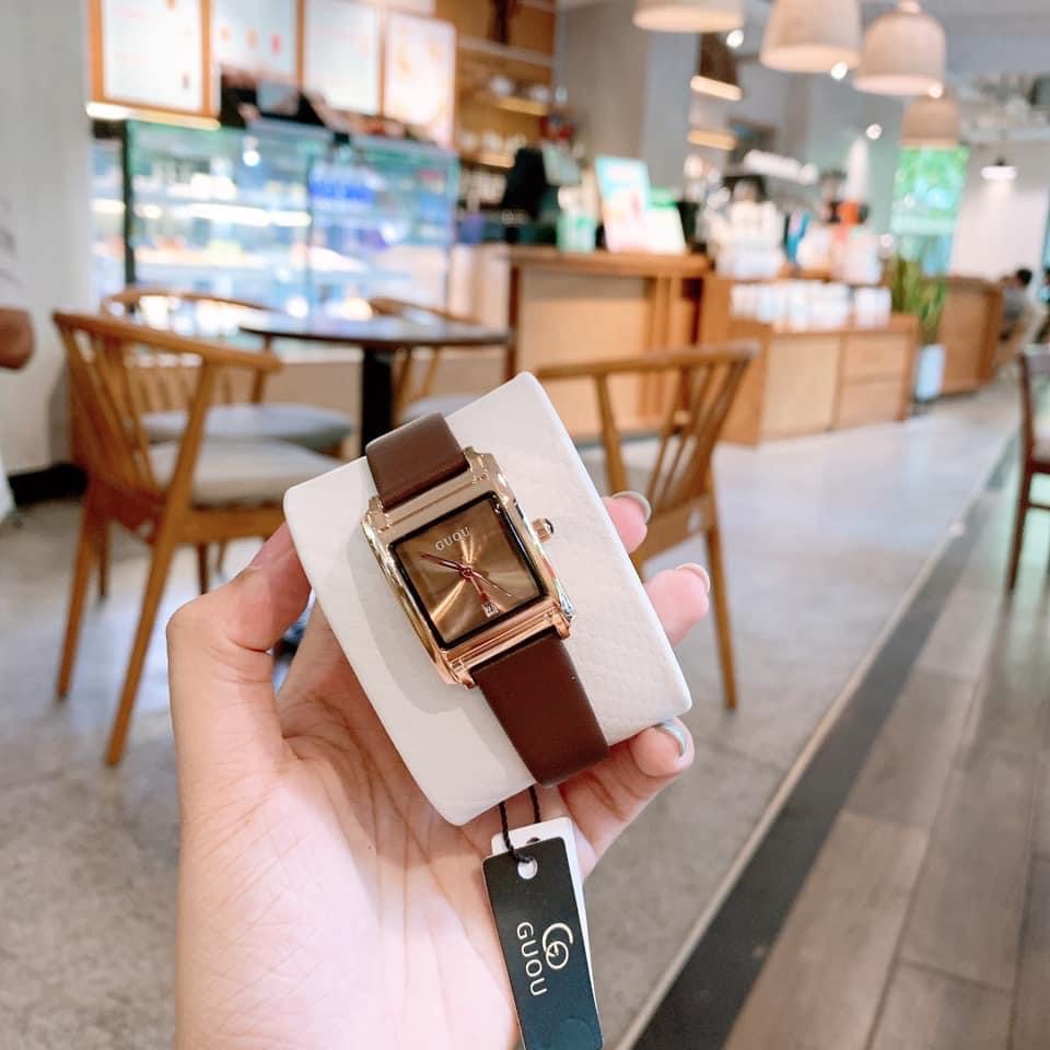 Đồng hồ nữ dây da cao cấp g.u.o.u màu nâu tây sáng tay , da mềm bền | BigBuy360 - bigbuy360.vn