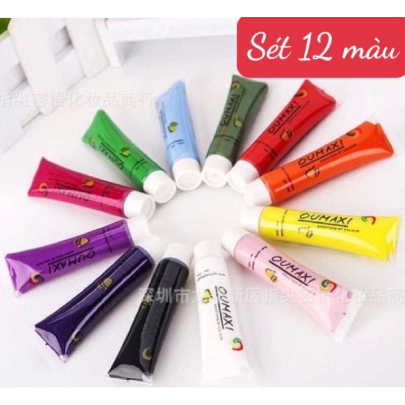 Sét bột vẽ cọ bản  tuýp OUMAXI vẽ móng nail- sét 12 màu trang trí hoa bột.