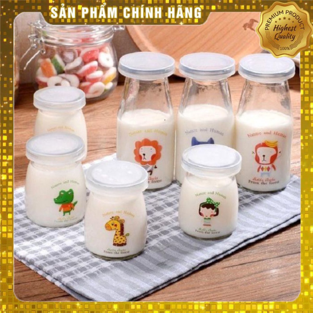 🍒🍒Bộ 12 Cốc/Hũ Làm Sữa Chua Bằng Thủy Tinh Có Nắp Cho Bé Hình Ngộ Nghĩnh