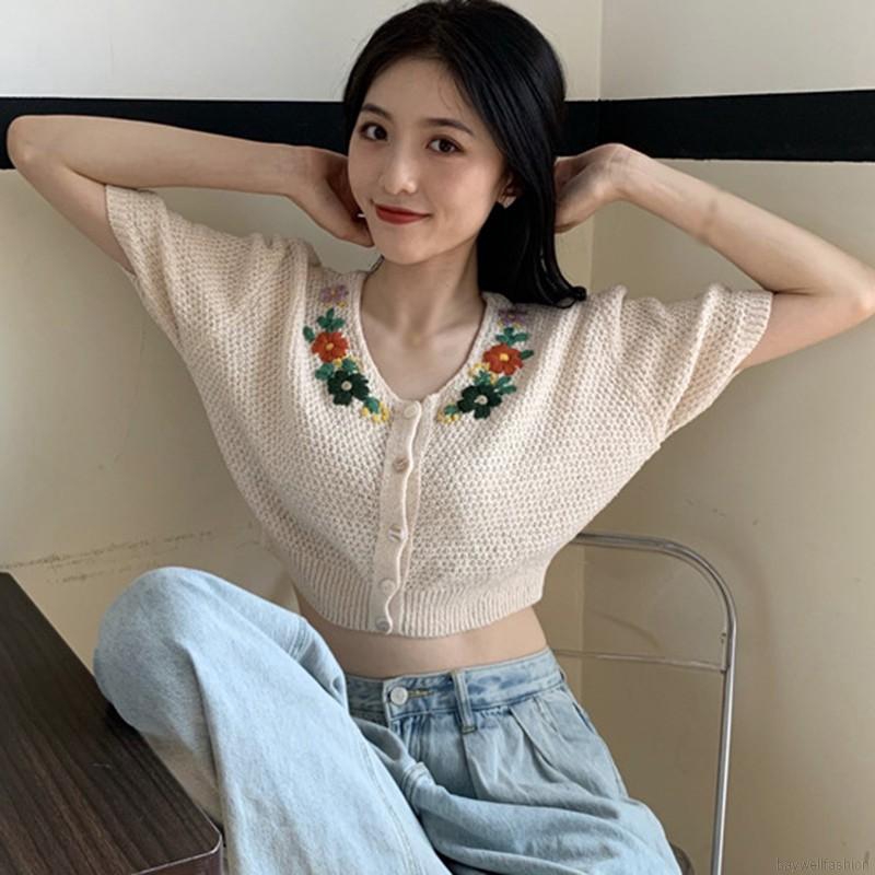 [Baywellfashion]Áo Cardigan Dệt Kim Tay Ngắn Cổ Chữ V Hoạ Tiết Hoa Thêu Phong Cách Retro Cho Nữ | BigBuy360 - bigbuy360.vn