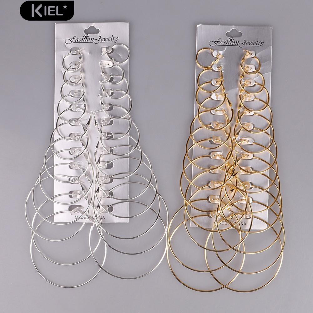 Set 12 đôi bông tai tròn mạ vàng/bạc thời trang cho nữ