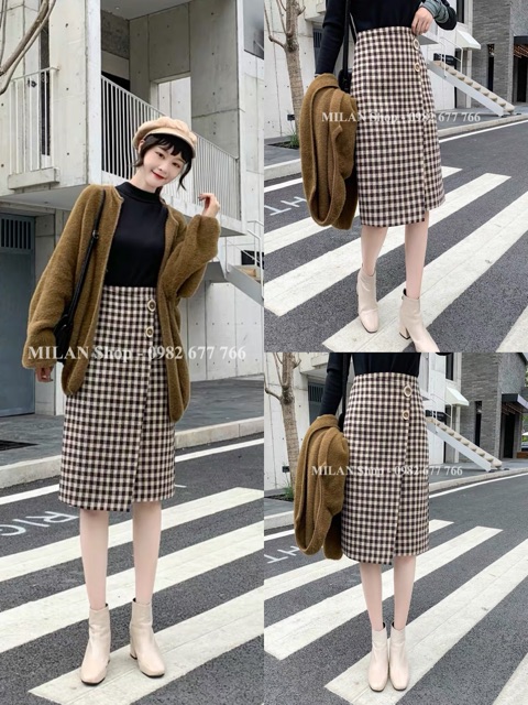 Chân váy dạ dài qua gối kẻ caro chất đẹp | BigBuy360 - bigbuy360.vn