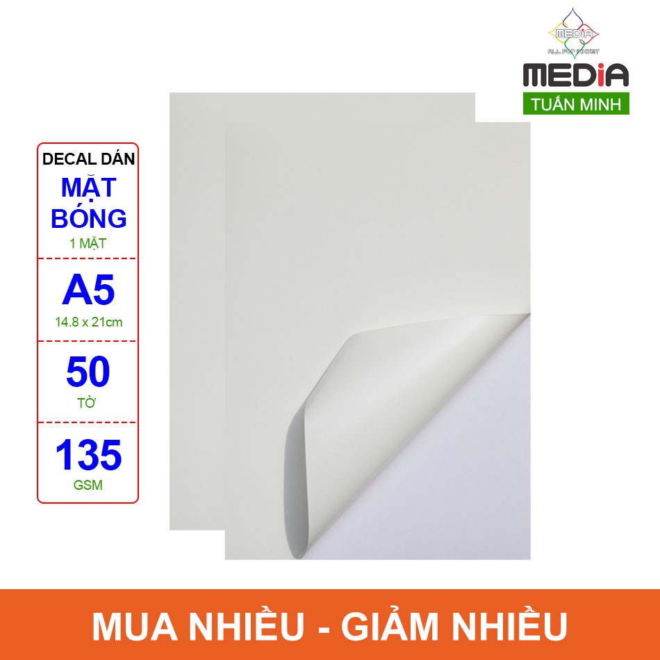 Giấy In Nhãn Dán (Decal) Media Mặt Bóng A5 135gsm 50 Tờ