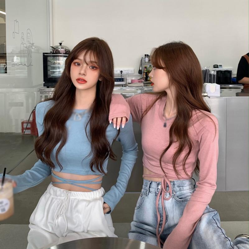 Áo thun crop top tay dài cổ tròn màu trơn đơn giản phong cách Hàn Quốc thời trang cho nữ